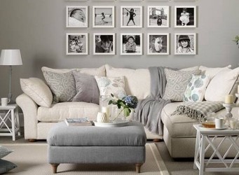 grey monotone interior design and photo frames